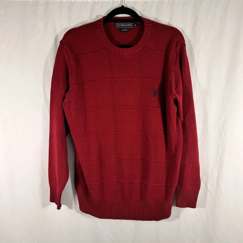 US Polo Assn Sweater Men's Medium Red Knit Long Sleeve Crew Neck 100% Cotton
